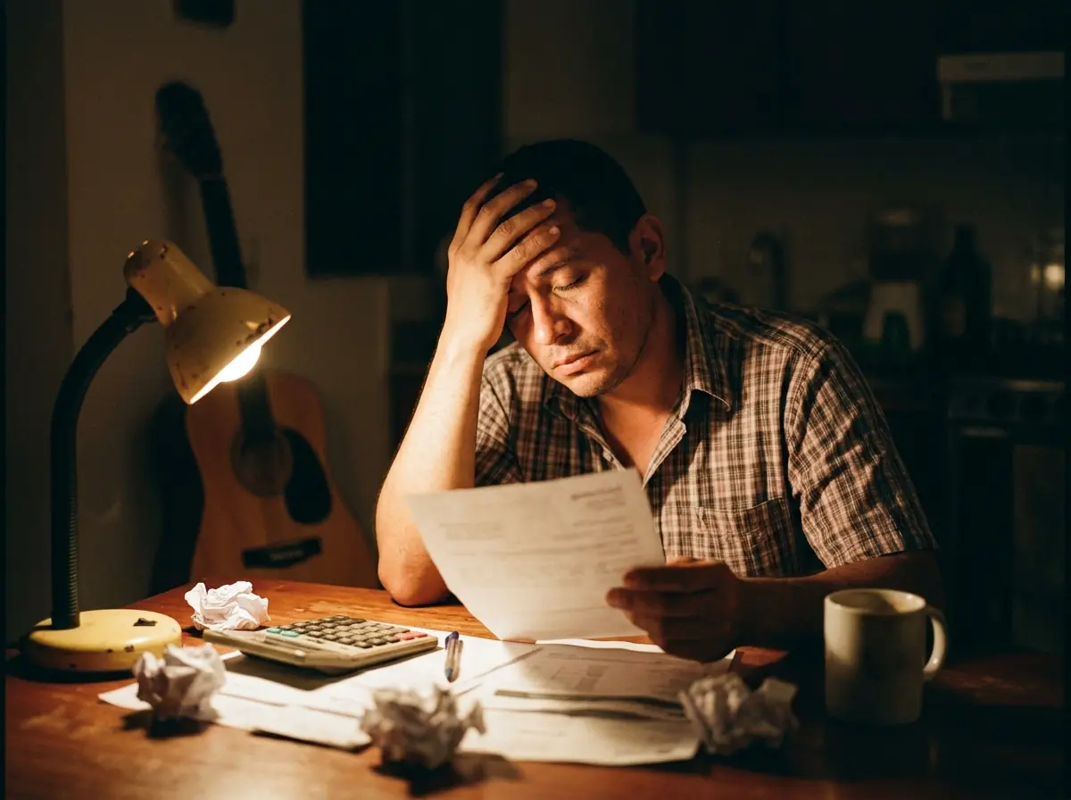Un músico de noche en la mesa de la cocina, con la frente en una mano y una liquidación de regalías en la otra; al lado una calculadora y papeles arrugados.