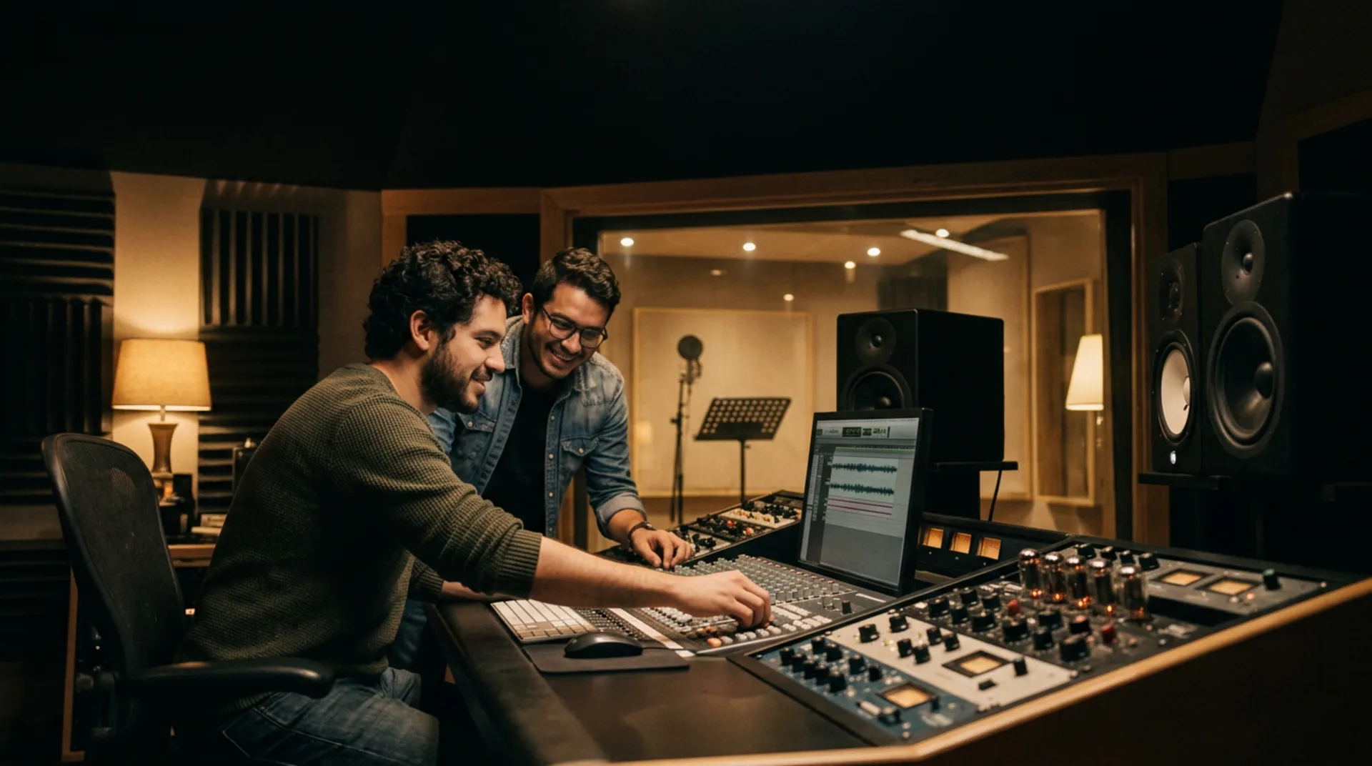 Un artista y un productor trabajando en la consola de un estudio de grabación.