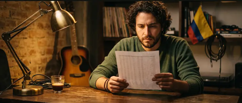 Un artista en su cuarto, de noche, leyendo con atención una hoja con sus números.