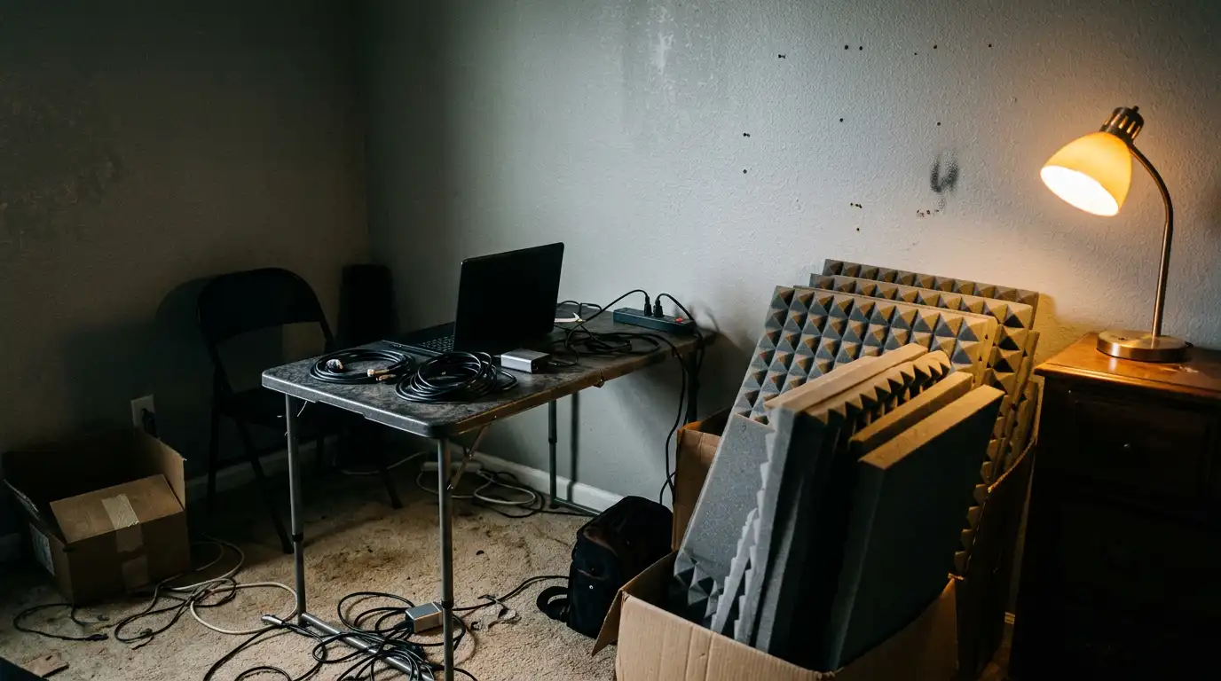 Un cuarto pequeño donde alguien está armando su estudio: un portátil, cables y paneles todavía en la caja.